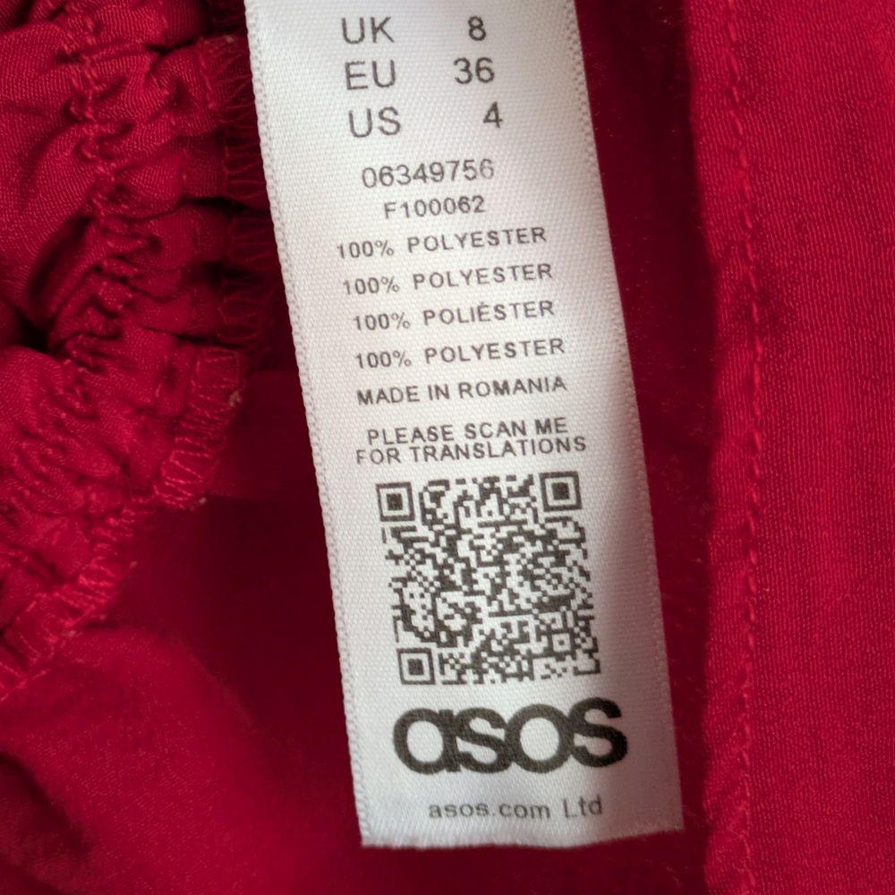 ASOS Red Deep Plunge Peplum Top, Size 4 Long Sleeve, Ruching Waist, V Neck - Picture 10 of 11